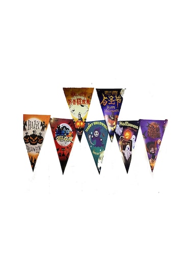 Lüks Baskılı Üçgen Model Halloween Banner Süs Bayrak 8 Li