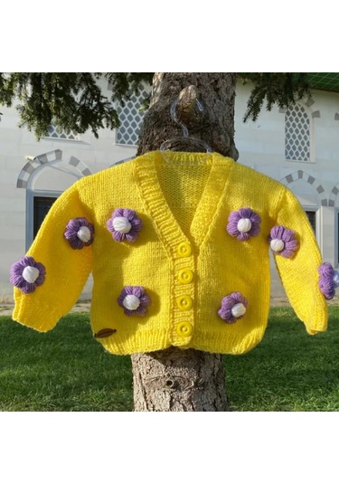 Uretti - Gülnur 2184 - El Örgüsü Mor Çiçekli Kız Çocuk Hırka 5 Yaş - Sarı Sarı