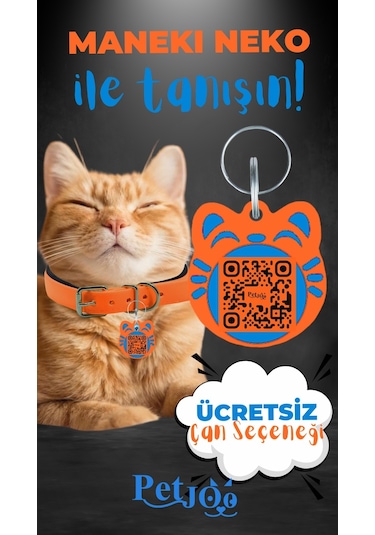 Petjoo 4.Maneki Neko Mavi-Turuncu Qr'lı Kedi Künyesi