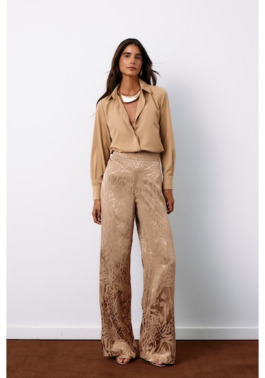 Sateen Desenli Saten Pantolon - Vizon-134957 Vizon