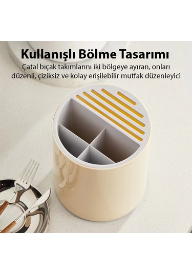Ezere Çatal - Biçak - Kasik Saklama Ve Kurutma Kutusu Dönebilen Mutfak Düzenleyici - Krem Krem