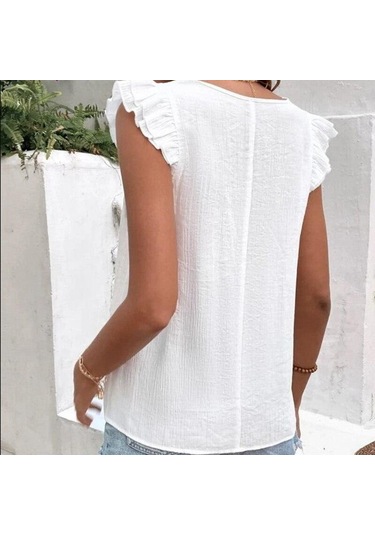 Yaz V Yaka Dantel Kelebek Kollu Kadın Bluz Zarif Rahat Kadın Beyaz Gömlek Moda Zarif Kolsuz Blusas Tops 25803 Orion Çok Renkli