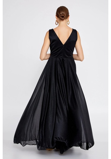 Doridorca Kadın Büyük Beden Sim Detaylı Kolsuz Maxi Abiye Elbise 6111 Siyah Siyah