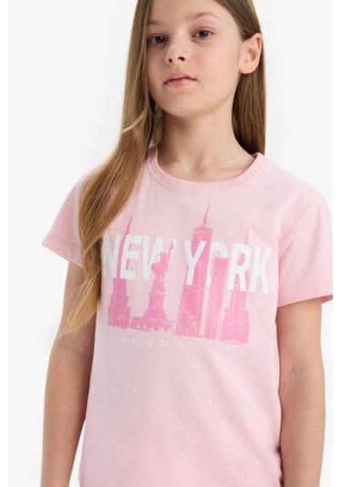DeFacto Kız Çocuk Bisiklet Yaka Baskılı Kısa Kollu Tişört E0349A825SMPN47 Pembe