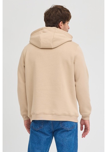 Erkek Bej Standart Fit Normal Kesim Içi Polarlı 3 Iplik Kapüşonlu Pamuklu Sweatshirt Bej
