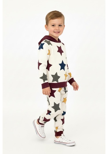 Yıldız Baskılı Kapşonlu 2 Li Takım Bordo