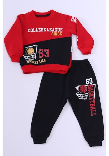 Erkek Bebek 3 İplik Eşofman Takımı Basketbol Baskılı A45 Kırmızı
