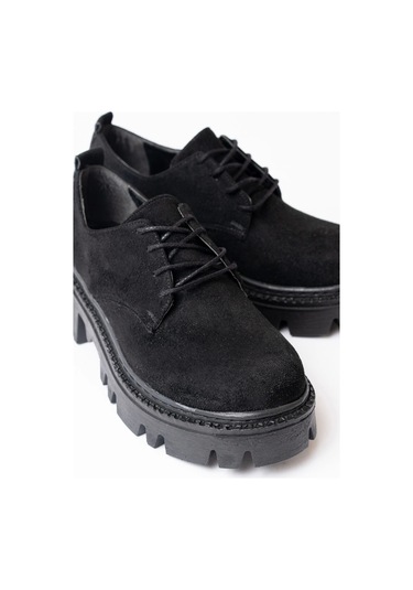 Siyah Süet Bağcıklı Günlük Yüksek Tabanlı Loafer Ayakkabı Siyah