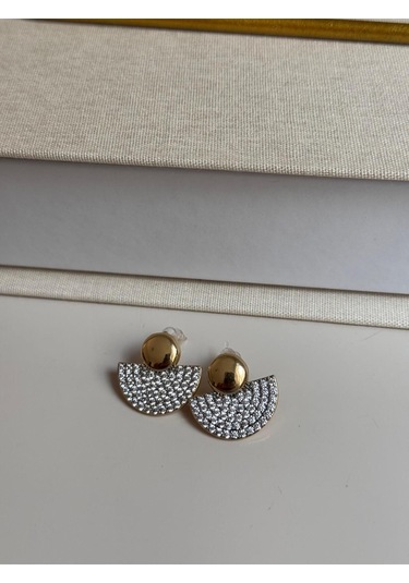 Yarım Ay Zirkon Taşlı Altın Renk Modern Küpe Kadın Çelik Küpe Altın