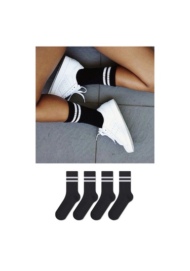 Çember Desenli Dört Mevsim Unisex Siyah 4'lü Uzun Tenis Çorap Seti Çok Renkli