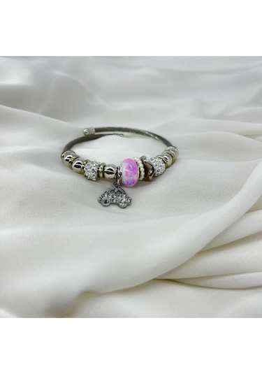 Kadın Çelik Bileklik Pembe Kalp Figürlü Charmlı Pembe
