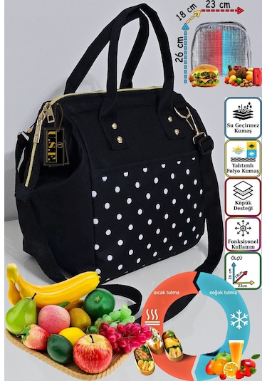 Sıcak, Soğuk Isı Yalıtımlı Termal Termoslu Yemek, Mama, Beslenme, Gıda İçin Askılı Taşıma Çantası Siyah Puantiye Siyah