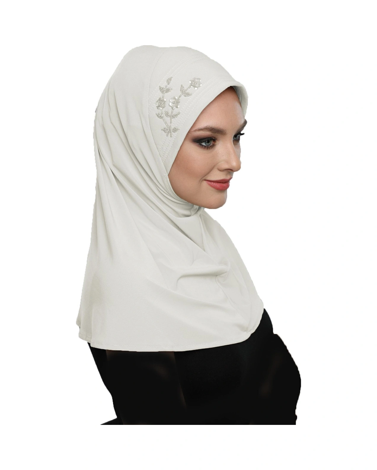 Takmatik Taşlı El Işi Boncuk Işlemeli Krem Hazır Türban Tesettür Bone Namaz Örtüsü Krem