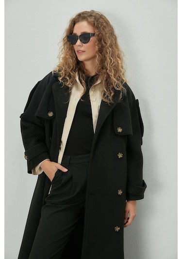 Manuka Premıum Kemerli Trench Kaban Siyah