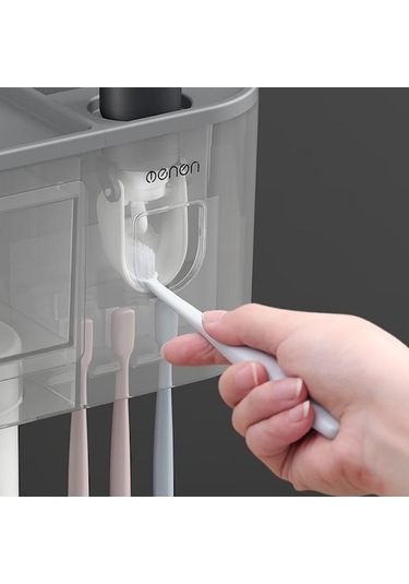 Novahub Gri Mengnı Duvara Monte Manyetik Diş Fırçası Tutucu Su Geçirmez Diş Macunu Sıkacağı Tuvalet Otomatik Dağıtıcı Banyo Aksesuarları 4 Bardak Gri Gri