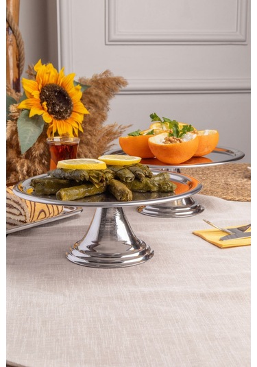 2'li Gümüş Yuvarlak, Ayaklı Şık Kek, Pasta, Kurabiye Ve Tatlı Servis Sunum Standı Gümüş