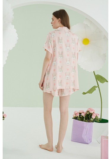 Nbb Kadın Pembe Rabbit Önden Düğmeli Şortlu Pijama Takım