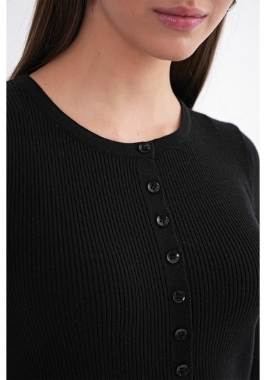 6931 Kadın Düğmeli Fitilli Triko Hırka Siyah Siyah