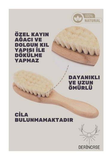 İsme Özel %100 Doğal Keçi Kılı Bebek Saç Fırçası ve Kayın Ahşap Şimşir Tarak + Bez Kese Hediyeli