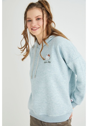 Hello Kitty Lisanslı Baskılı Kapüşonlu Fit Yeşil Sweatshirt Renkli