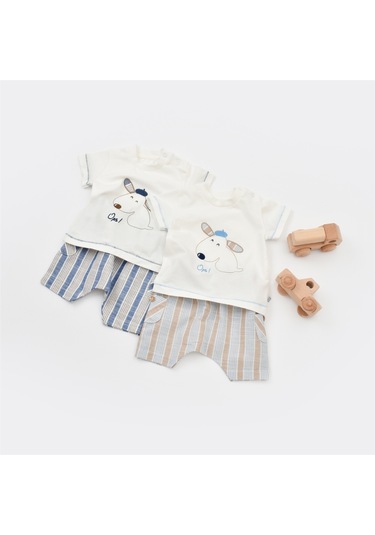 Bibaby 2li Takım Şortlu Stripe Sytle Lacivert - Bej-9511 Bej
