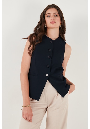 Lela Regular Fit Bisiklet Yaka Kolsuz Düğmeli Basic Bluz Bayan Yelek 65200004 Lacivert
