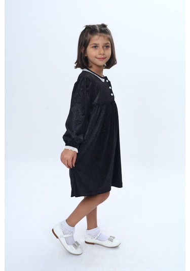 Toontoy Kız Çocuk Yaka Düğmeli Fırfırlı Elbise Siyah