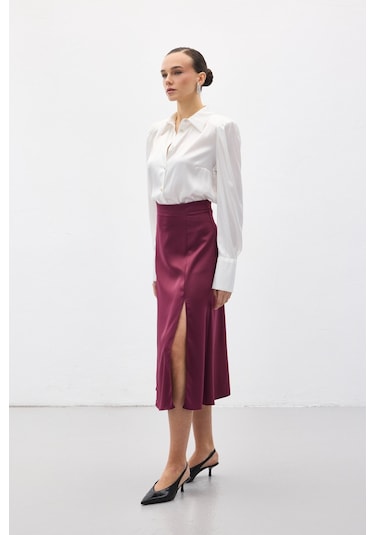 Sateen Yırtmaçlı Saten Etek - Mürdüm-136724 Mürdüm