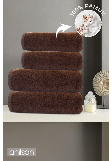 4'lü Kahverengi Havlu Seti %100 Pamuk - 2 Adet El Havlusu 50x90 Ve 2 Adet Banyo Havlusu 70x140 Kahve