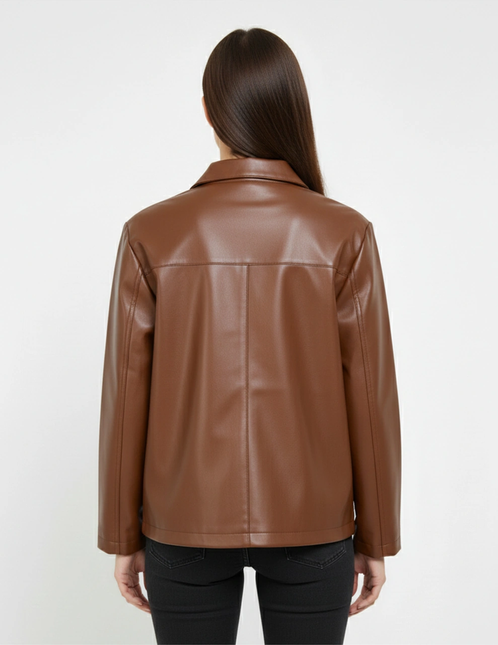 Kadın Çıtçıt Düğmeli - Suni Deri - Ceket -günlük Kullanım - Blazer Gömlek Yaka - Çift Cepli Kiremit