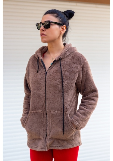 Kadın Vizon Peluş Kalın Fermuarlı Kapüşonlu Cepli Ceket 23kcktmy50 001