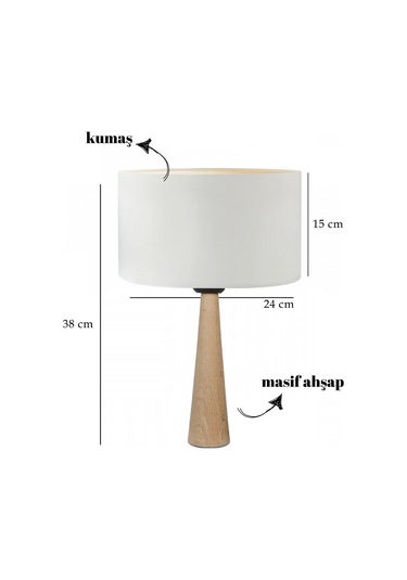 Naturel Masif Ahşap Ayaklı Abajur Silindir Krem Kumaş Başlıklı Masa Lambası Komodin Abajur Krem
