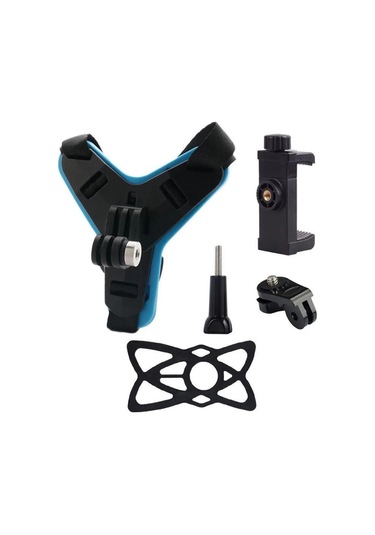Prepare Kask Alt Çene Bağlantı Aparatı Ve Kayışı Aksiyon Kamera Ve Telefon Tutucu Set Mavi - Siyah