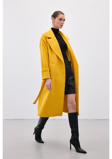 Sateen Beli Bağlamalı Uzun Kaban - Sarı-136632 Sarı