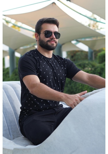 Erkek Siyah Çapa Desen Kısa Kollu Rahat Tişört 20etshcapa 001