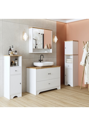 Oval Lavabolu Mdf 100 Cm Çekmeceli Banyo Dolabı Atlantik Çam - Beyaz