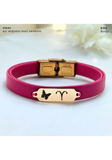 Archin Nisan Ayı Doğumlarına Kelebek Figürlü 14 Ayar Altın Plakalı Pembe Derili Hediye Bileklik-651ay Nisan