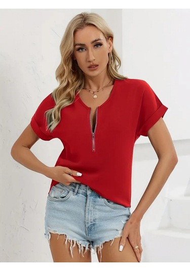 Ahes Shopping Kadın Kısa Kollu V Yaka Fermuarlı Salaş Sandy Bluz Kırmızı