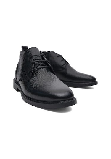 Tonny Black Erkek Siyah Rahat Kalıp Hakiki Deri Erkek Önü Bağcıklı Bot