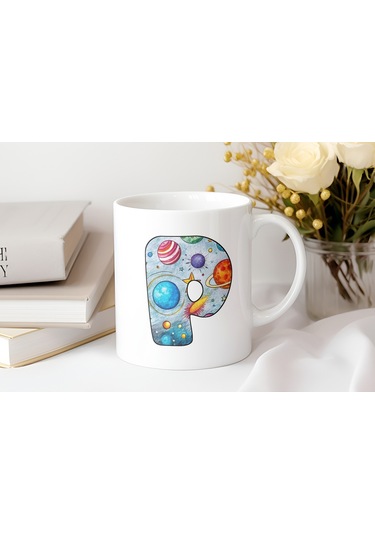 P Baş Harf Gezegen Desenli Kupa Bardak - Kişiye Özel Evren Temalı Kahve Çay Kupası - Gökyüzü Beyaz