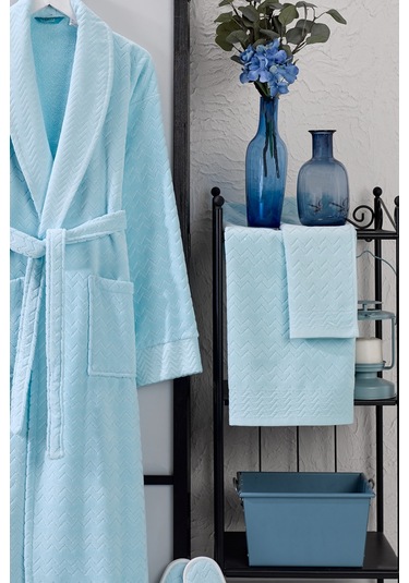 Ansaaj Kadife Jakarlı 4 Parça Bornoz Takımı Turkuaz