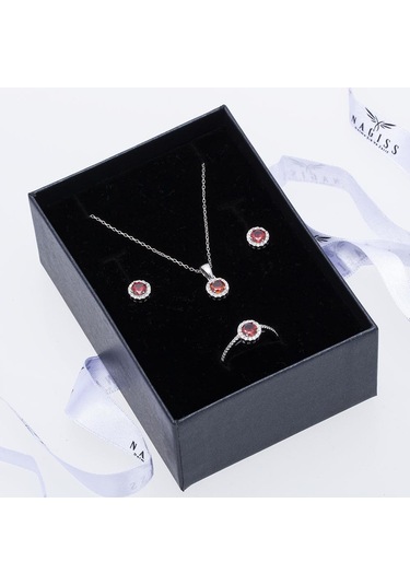 Kırmızı Zirkon Taşlı 925 Ayar Gümüş Kadın Üçlü Tektaş Set