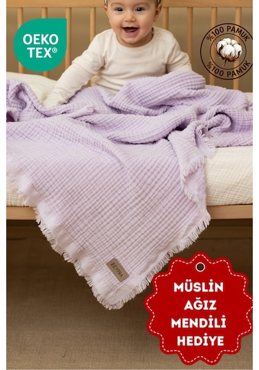 Zeypba Bebek & Çocuk İçin % 100 Pamuk 4 Katlı Müslin Örtü 110x110 CM Lila