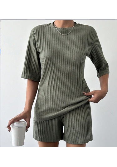 Ge Ticaret Kadın Kısa Kollu Bisiklet Yaka Kaşkorse Bluz Şort Ikili Takım Haki