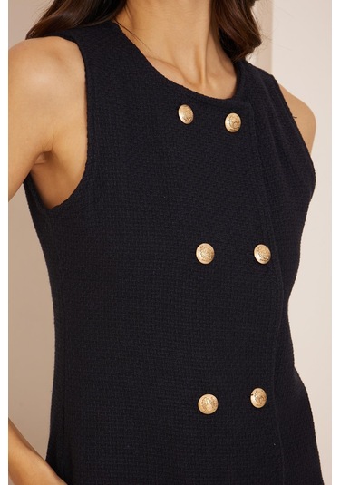 Lacivert Kolsuz Önü Düğmeli Tweed Elbise Dm1010