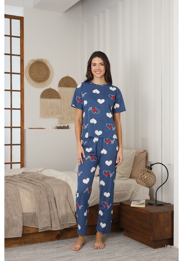 Kadın Yazlık Kısa Kol Penye Süprem Kumaş Pijama Takımı Mavi Kalpli