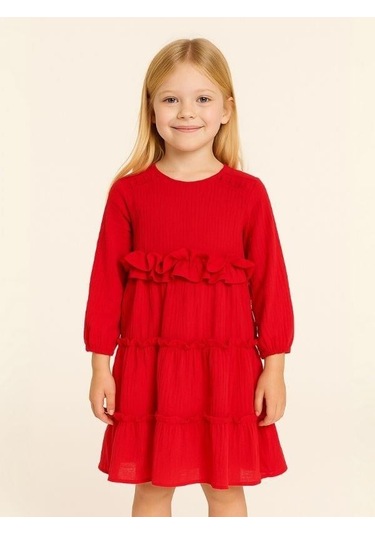 Kız Çocuk Pamuklu Mevsimlik Astarlı Fırfırlı Bol Elbise-14441 Kırmızı