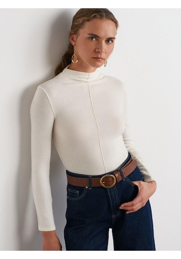 31391 Dik Yaka Uzun Kollu Top-ekru-867 Ecru Ekru