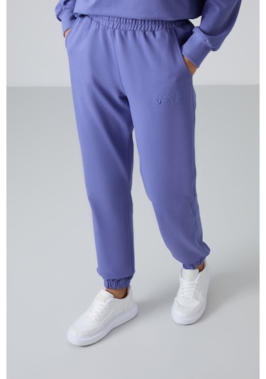 Tommy Life Eflatun Basic Pamuklu O Yaka Oversize Lastik Paça Kadın Eşofman Takım - 95287 Mor