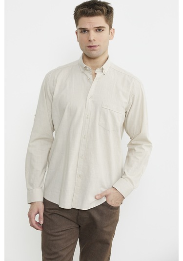 Keten Karışımlı Uzun Kol Gömlek - Bej Bej